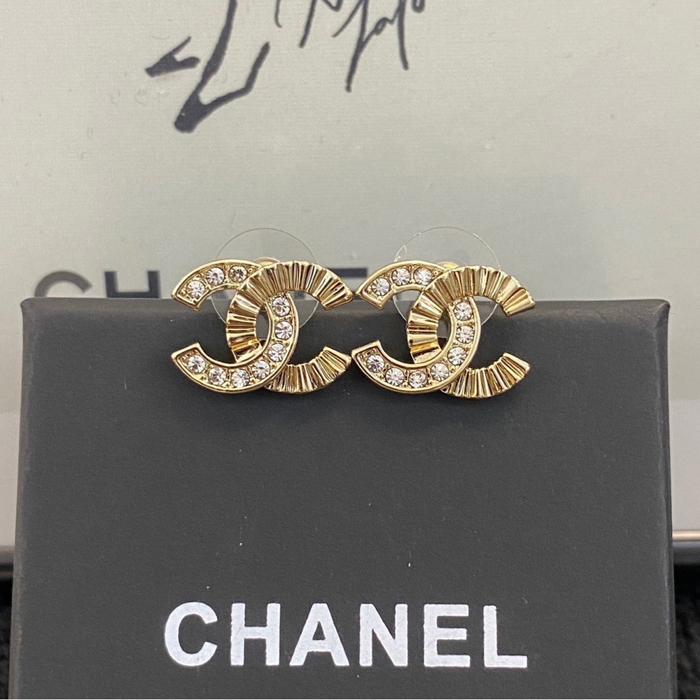 Chanel CC Logo Crystal & Textured Stud Earrings